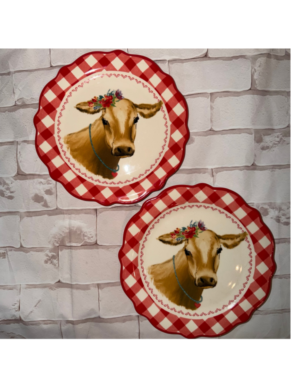 NWOB Pioneer Woman Floral Cow Salad Dessert Plate Red White Gingham 8 3/4” Set/2